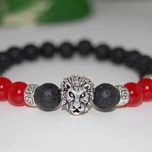 Lion Bracelet,Lava Bracelet,Lava Lion Charm Bracelet,8mm Lava Stone Beads